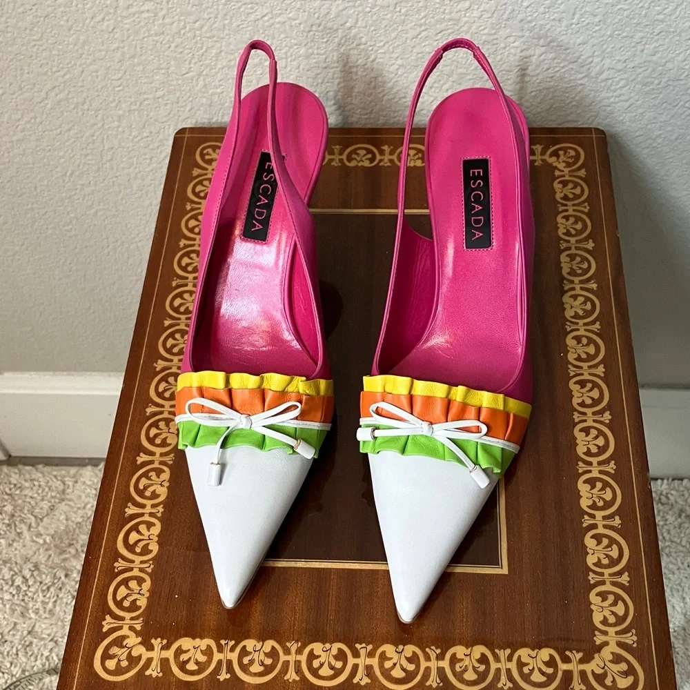 New 38 Escada Shoes Pink White Yellow Orange Green - Picture 1 of 11